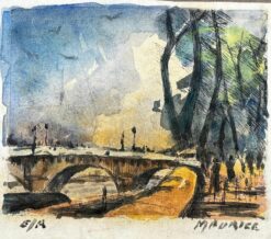 French Impressionist Watercolor Landscape Paris River Bridge Scene with Trees