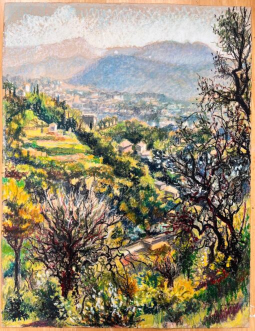 Mid Century French Original Pastel Painting of a Vibrant Hillside Cityscape