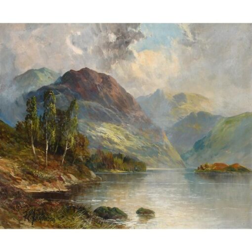 Scottish Highlands Summer Loch Scene, signed antique oil painting