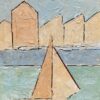 Soft Moody Colors Cubist Oil Painting Sailing Boat in Blue Harbor