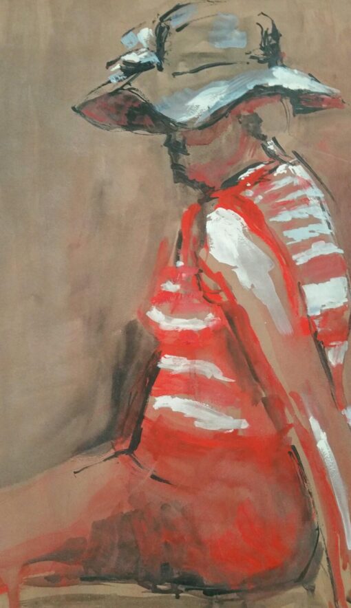 French Mid 1900-1999 Lady in a Striped Bathing Suit and Sunhat