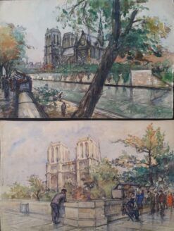 Ecole de Paris Mid 1900-1999 Pair of Paintings Notre Dame Paris River Seine