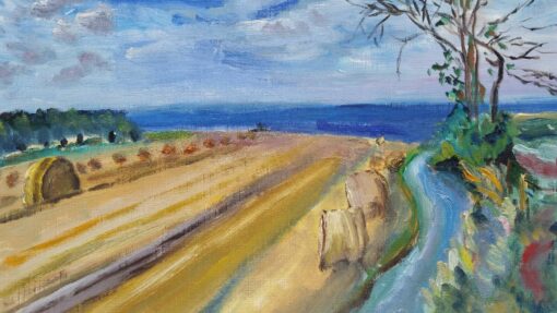 1900-1999 French Oil Painting Hay Rolls in a Coastal Field Blue Sea