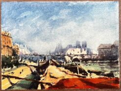 French Impressionist Watercolor Landscape Paris City Skyline from River Seine