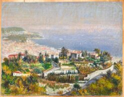 Mid Century French Original Pastel Painting of a Mediterranean Coastal View