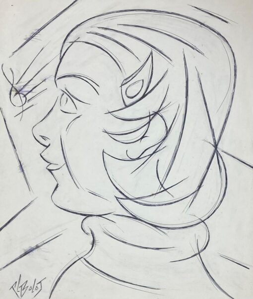 1900-1999 French Modernist Biro Drawing Girl Enchanted By Music Note