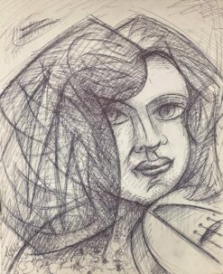 1900-1999 French Modernist Biro Drawning Of Woman Playing The Violin