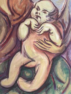 1900-1999 French Modernist Gouache Painting Baby In Their Mothers Arms