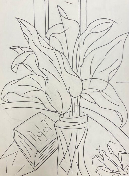 1900-1999 French Modernist Drawing Of Black And White Flowers In Vase