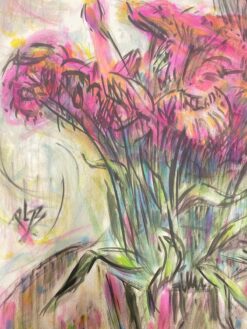 French Painting of a Tall Bunch Of Pink And Orange Flowers