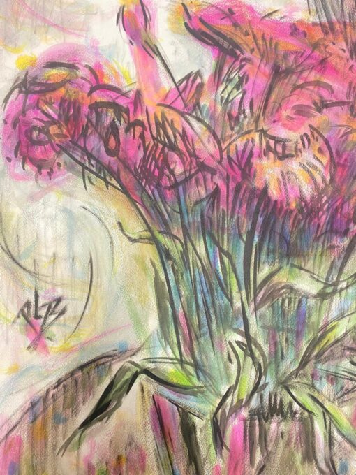 French Painting of a Tall Bunch Of Pink And Orange Flowers