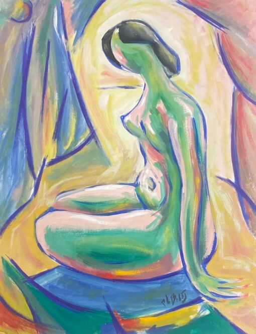1900-1999 French Modernist Gouache Painting Green Abstract Posed Lady In Nude