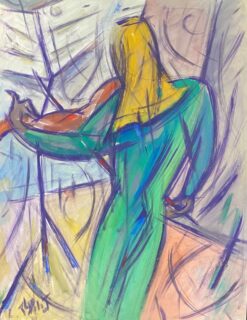 1900-1999 French Modernist Gouache Painting Lady In Green Gown Playing Violin