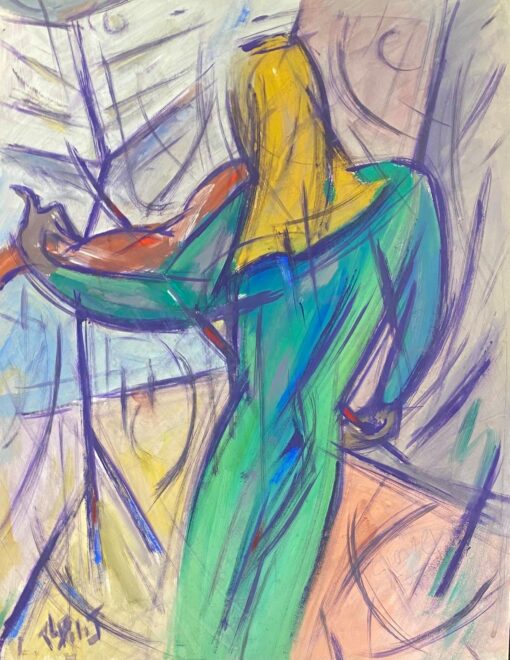 1900-1999 French Modernist Gouache Painting Lady In Green Gown Playing Violin