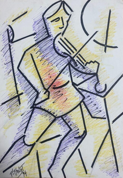 1900-1999 French Modernist Gouache Painting Man Playing The Violin