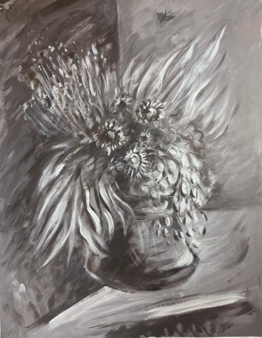 1900-1999 French Painting Of A Monochrome Black and White Flower Arrangement