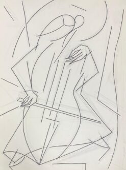 1900-1999 French Modernist Gouache Painting Monochrome Musician With Cello