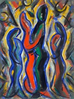 French Modernist Gouache Painting Multi-Color Figures Embracing One Another