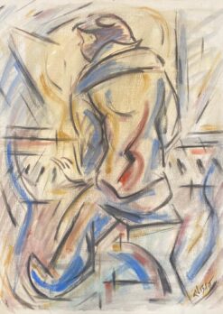 French Modernist Gouache Painting Multicolor Scene Man Playing Piano
