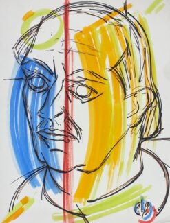French Modernist Gouache Painting Orange And Blue Portrait Of Man Drawing