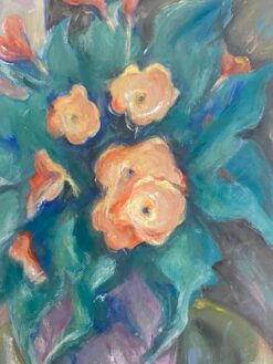 French Painting Orange Flowers With Bright Green Leaves In Vase
