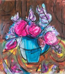 1900-1999 French Modernist Gouache Painting Of Monochrome Flower Arrangement