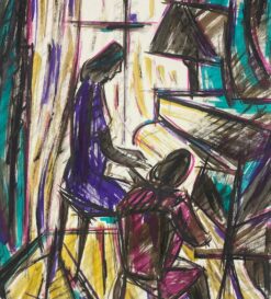 1900-1999 French Modernist Gouache Painting Pink And Purple Women Playing