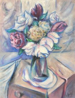 1900-1999 French Modernist Gouache Painting Pink And Red Tulips In Clear Vase