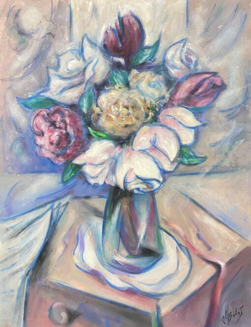 1900-1999 French Modernist Gouache Painting Pink And Red Tulips In Clear Vase