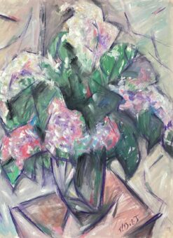 1900-1999 French Modernist Gouache Painting Pink Dahlias Placed On Table