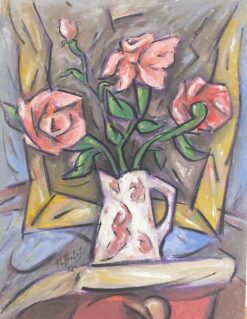 1900-1999 French Modernist Gouache Painting Pink Roses In White Jug