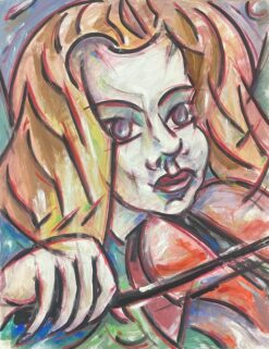 1900-1999 French Modernist Gouache Painting Portrait Of Lady Playing Violin
