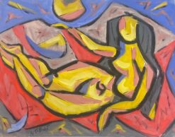 French Modernist Gouache Painting Posed Yellow Nude Lady With Black Hair