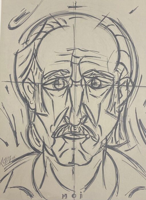 1900-1999 French Modernist Gouache Painting Self Portrait Of Artist "Moi"