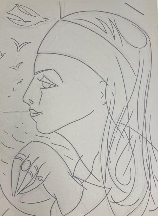 1900-1999 French Modernist Gouache Painting Side Portrait Of Bejewelled Lady