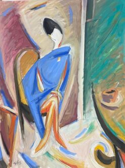 1900-1999 French Modernist Gouache Painting Stylish Lady In Blue Dress