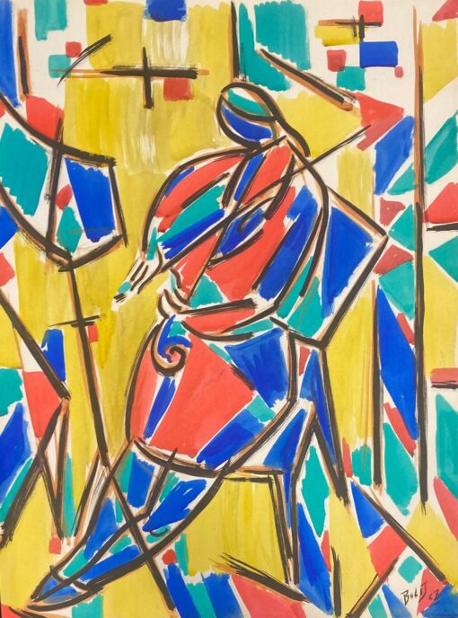 1900-1999 French Modernist Gouache Painting Wacky Colors Female Musician