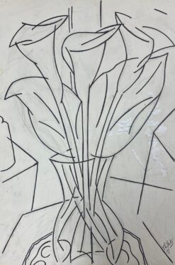 French Modernist Goulash Painting Black And White Drawing Flowers In Vase