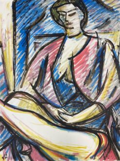 1900-1999 French Modernist Painting Blue & Red Posed Figure Seated