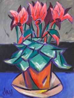 1970's French Modernist Painting Geometric Style Red Tulips in Terracota
