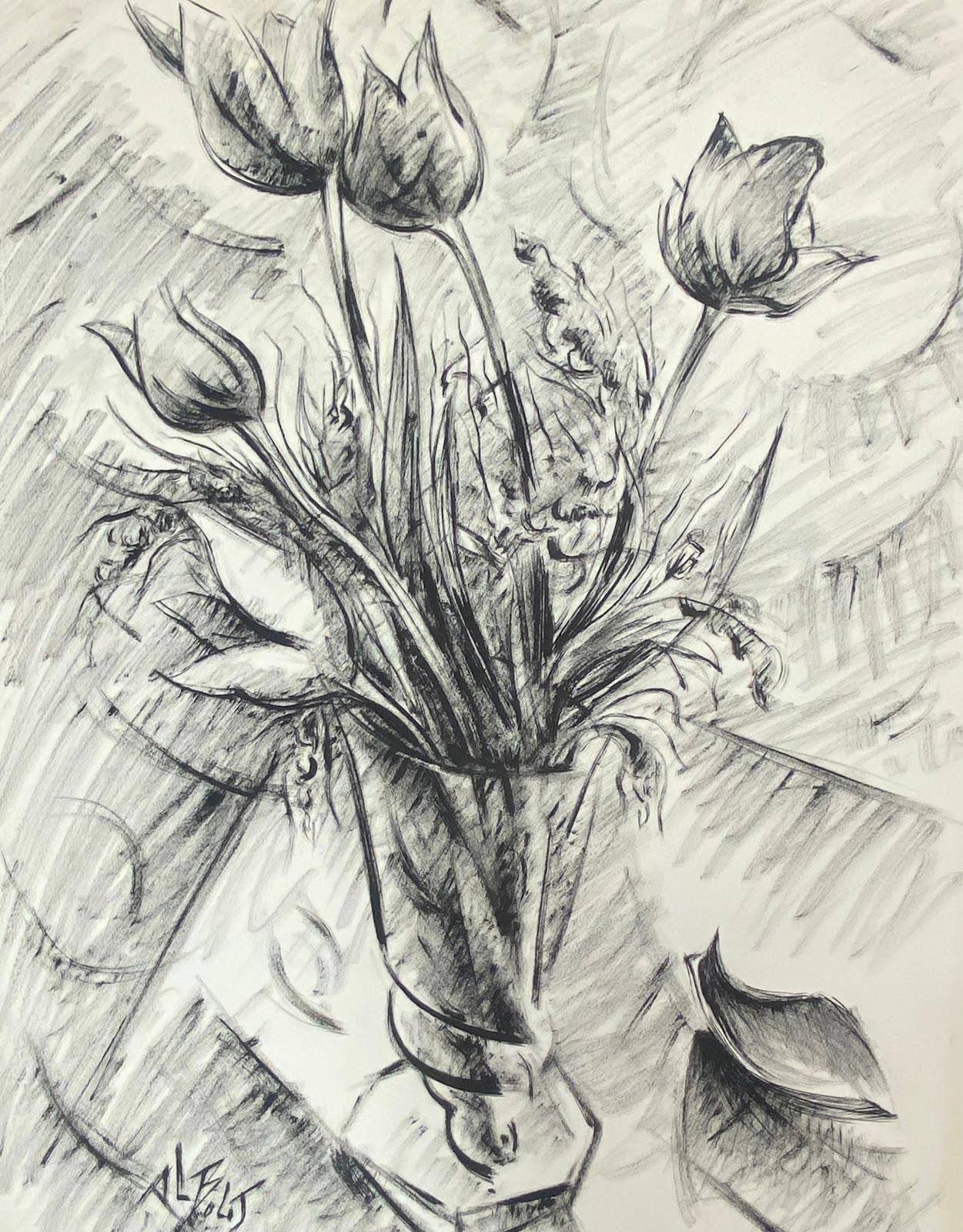 1900-1999 French Modernist Monochrome Painting Of Tulips In A Vase