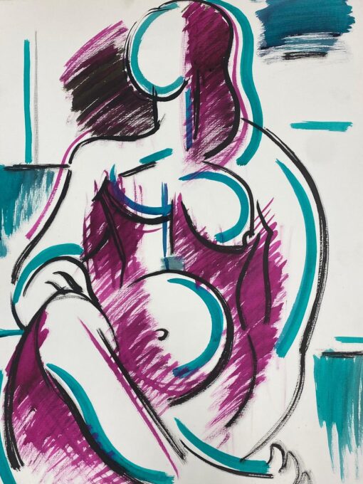 1900-1999 French Modernist Painting Purple Pink & Teal Green Abstract Nude