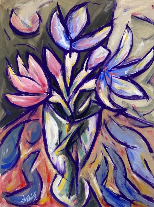 French Modernist Painting Of Pink And Purple Tulips In Clear Glass Vase