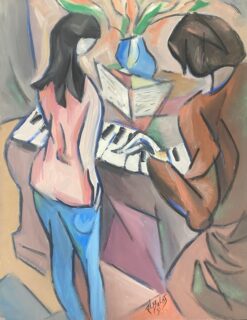 1900-1999 French Modernist Painting Pastel Colors The Piano Duet