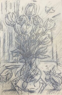 French Modernist Gouache Painting Of Black & White Roses In Vase