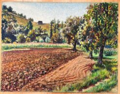 Mid Century French Original Pastel Painting of a Plowed Field and Orchard