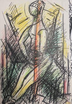 21th Century French Modernist Gouache Painting Colorful Figure Sitting