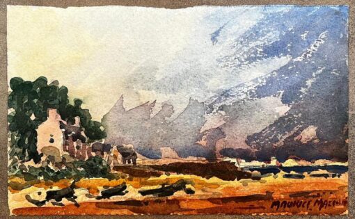 French Impressionist Watercolor Landscape Seaside Village Overlooking the Bay