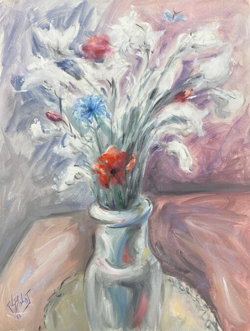 1900-1999 French Modernist Painting Of Poppies In Clear Glass Vase