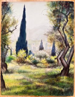 Mid Century French Original Painting of Cypress Trees in Renoir's Garden